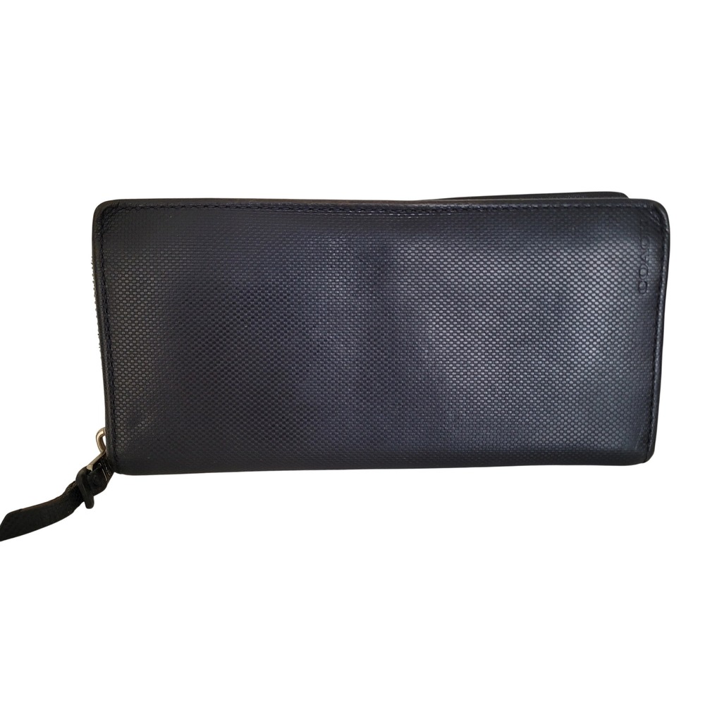 Coach Mens Accordion Zip Wallet Navy Blue Crossgrain Leather Long Wallet